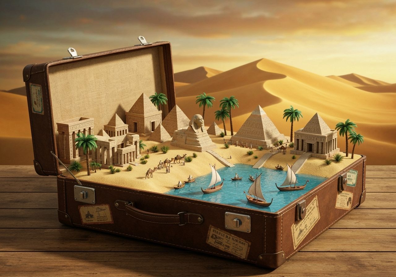 Miniature Egyptian Landscape Inside Vintage Suitcase