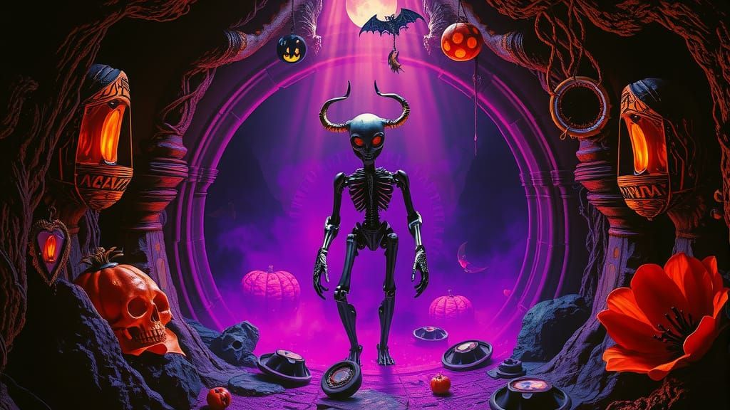 Halloween Cavern with Robotic Jester in Giger Style