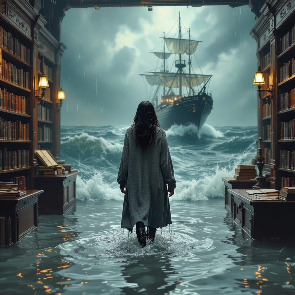 Librarian Navigates Flooded Library in Dreamlike Style