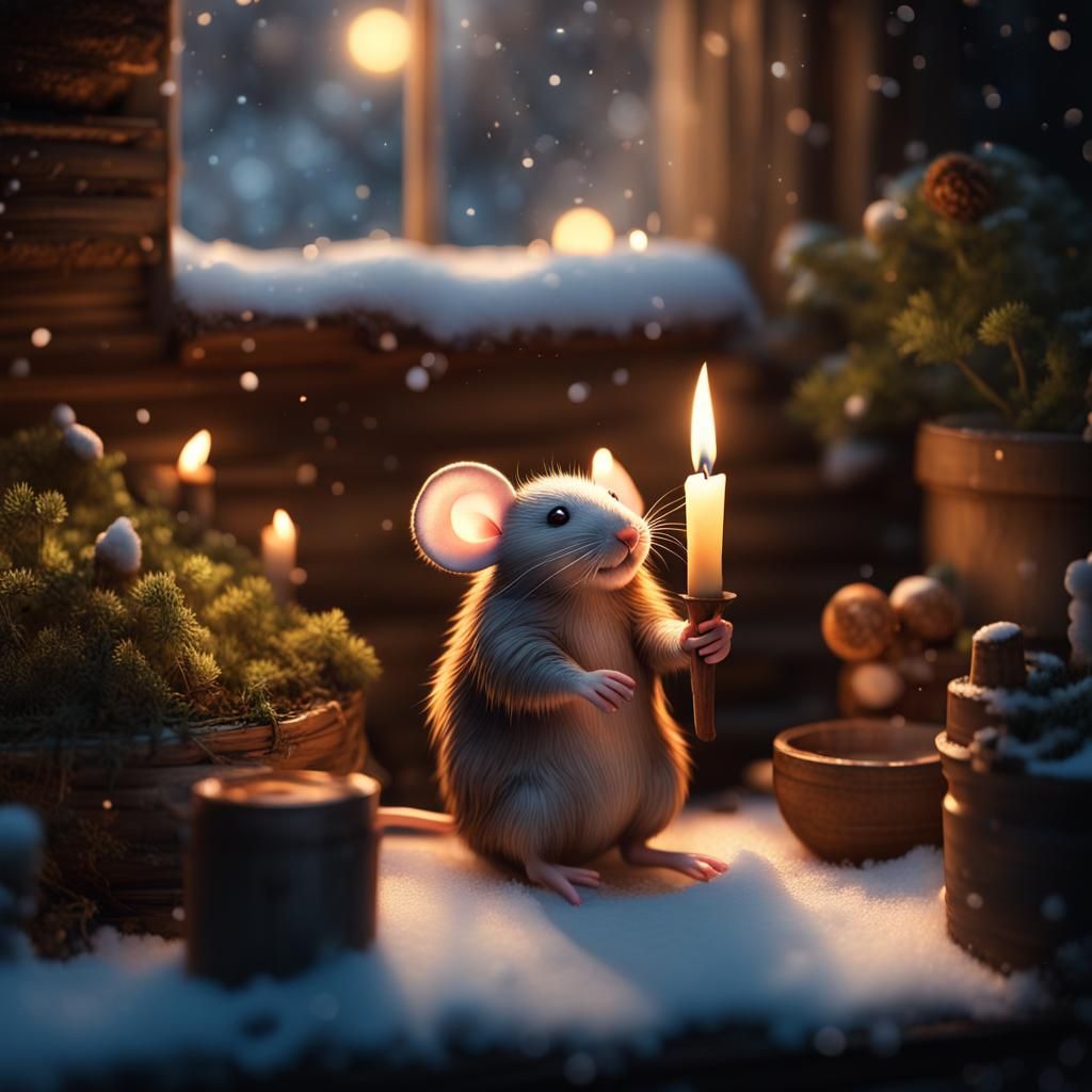 Cozy Winter Den: Humanoid Mice in Candlelight