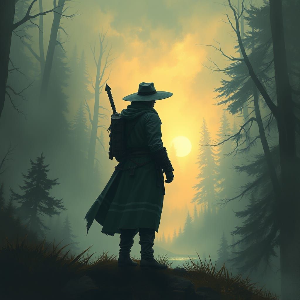 Adventurer at Misty Forest Edge, Atmospheric Digital Art