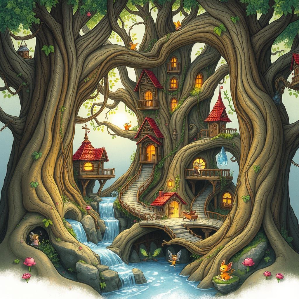 A whimsical treehouse village nestled among the branches of giant, ancient trees, its structures crafted from woven vine...