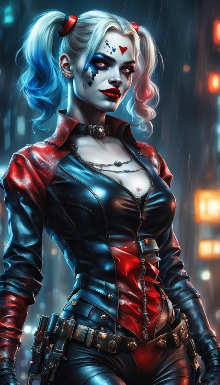 A beautiful alluring sophisticated Harley Quinn, female, red...