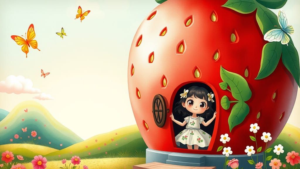 Whimsical Strawberry House Cartoon Illustration