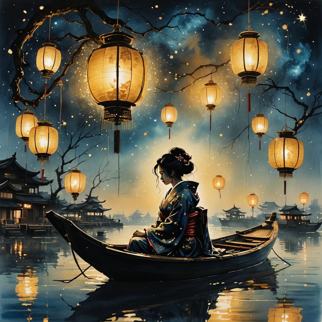 Geisha Silhouette at Lantern Festival in Anime Style