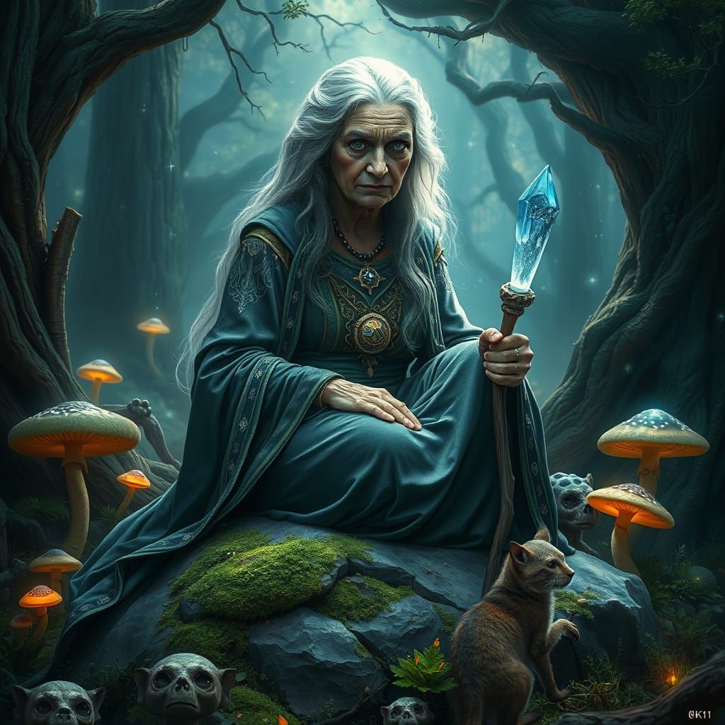 Mystical Woodland Sage in Whimsical Fantasy Setting