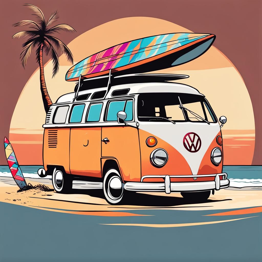 Hippy Volkswagen Camper Van on Beach Illustration