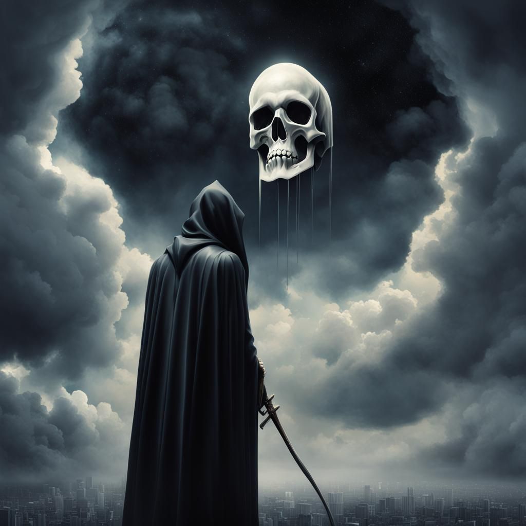 Grim Reaper Tarot Card in Clouds, Digital Art