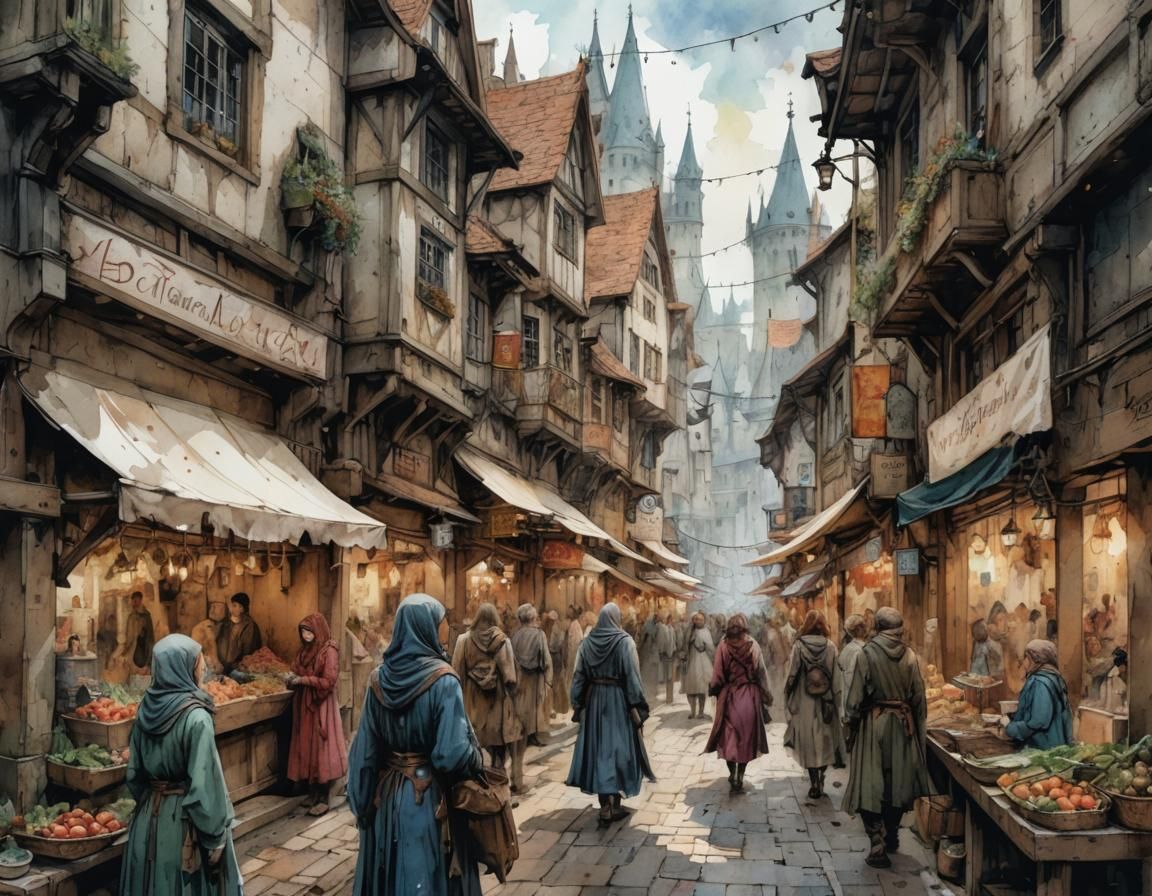 Fantasy Medieval Market Street in Watercolor Style