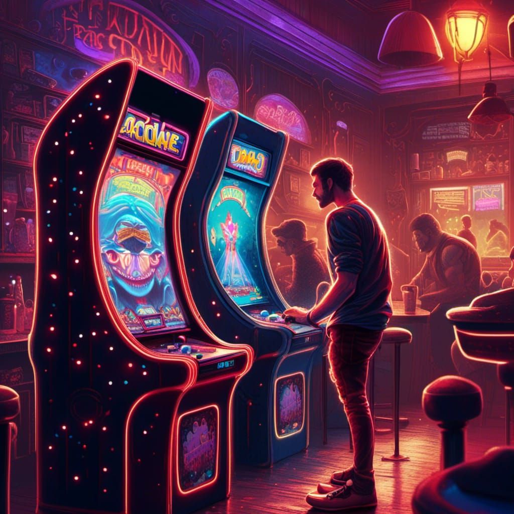 Man Plays Arcade Game in Neon Lit Bar