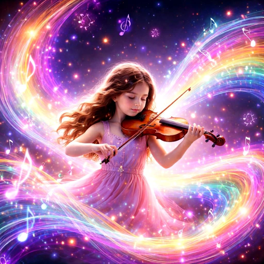 Magical Girl Playing Violin Amidst Colorful Musical Waves