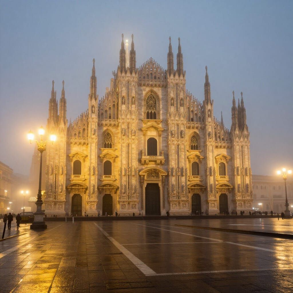 Milan's Duomo in Foggy Yellow Lamplight