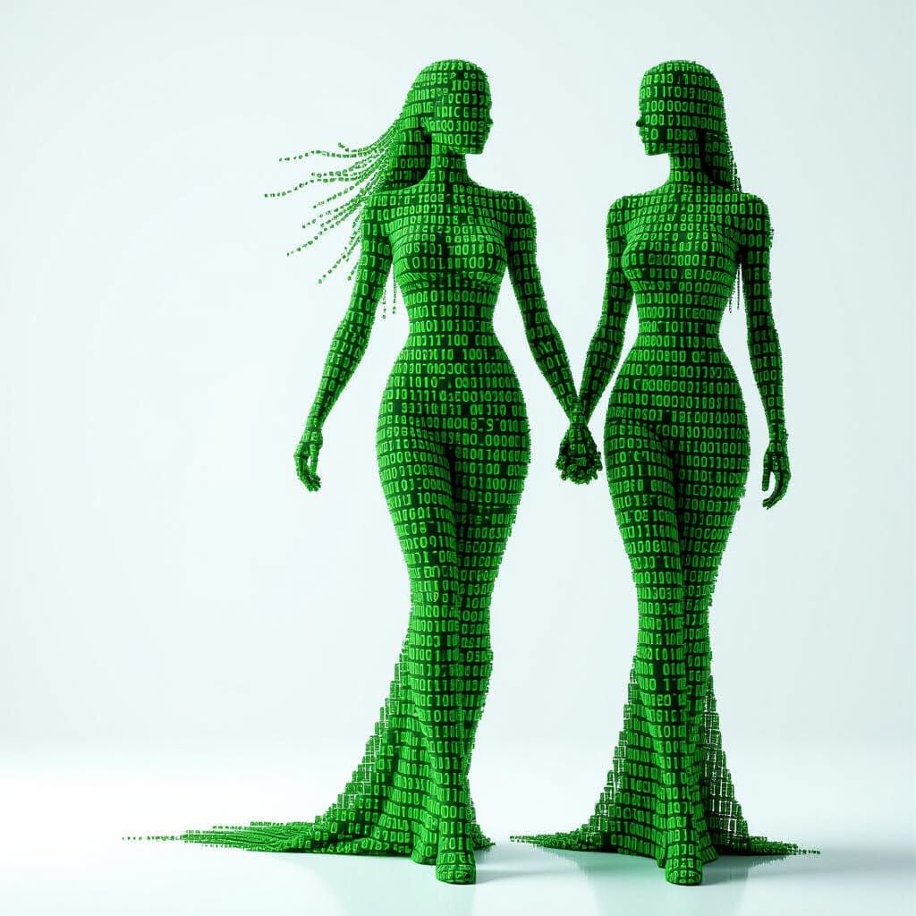 Feminine Figure Composed of Green Binary Code