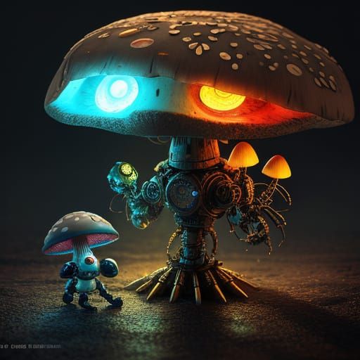 Candy Mushroom and Robot Duo in Cinematic Lighting
