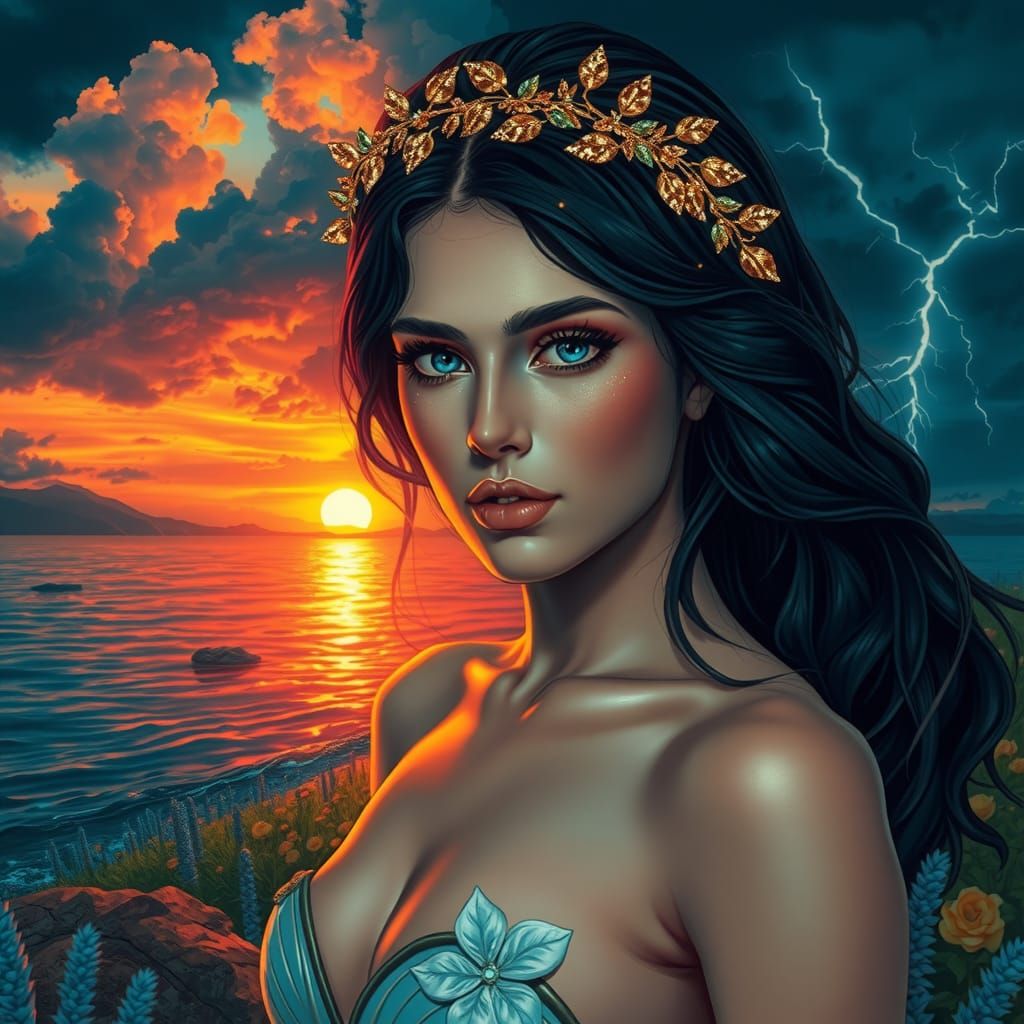 Goddess with Golden Laurel in Cyberpunk Sunset