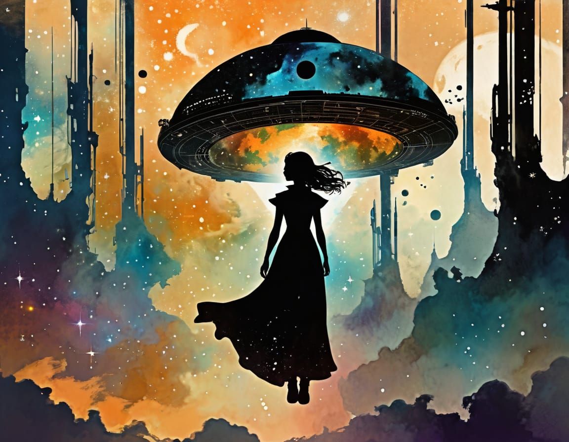 Cosmic Woman Amidst Celestial Vessels and Nebula