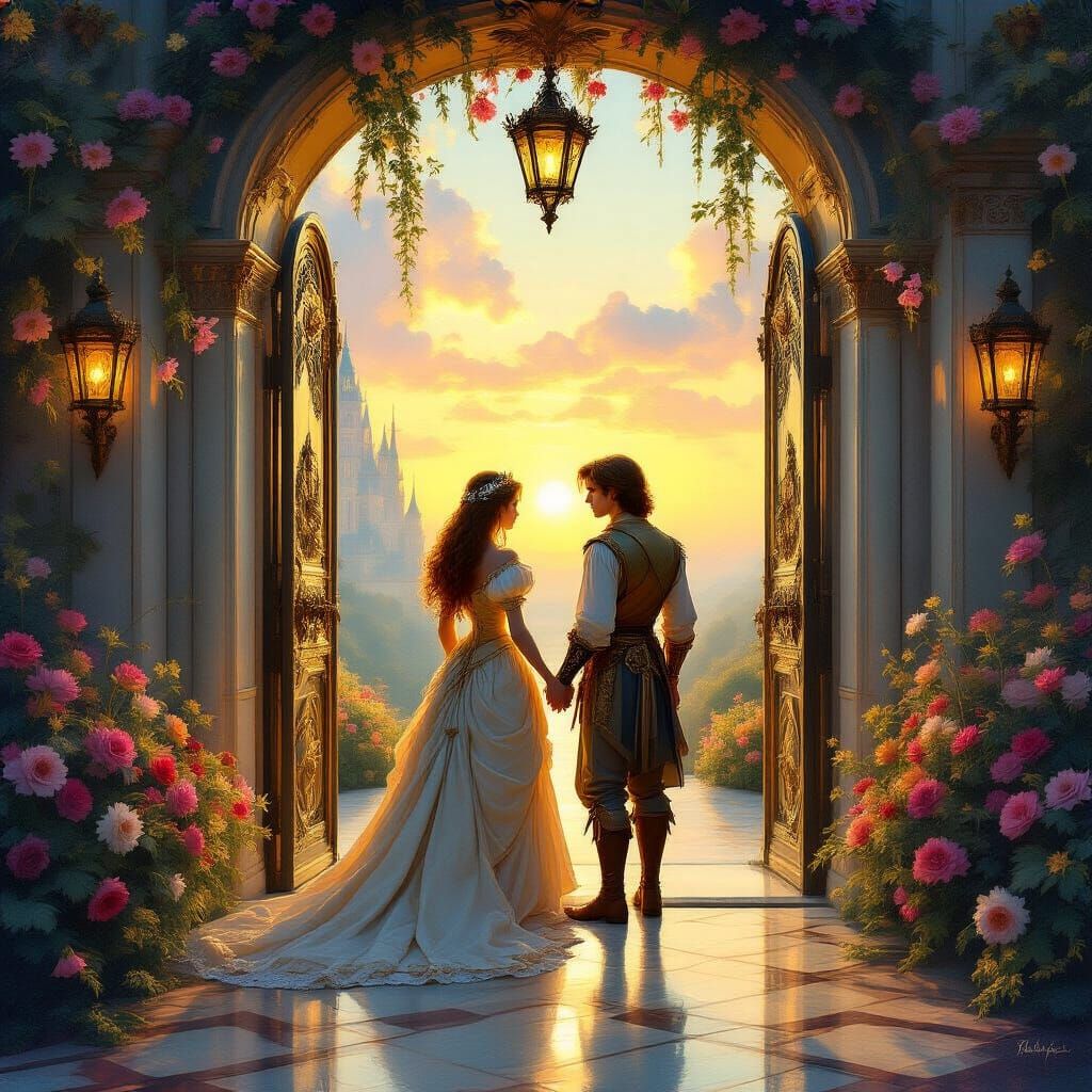 Princess and Prince at Sunrise Palace Entrance