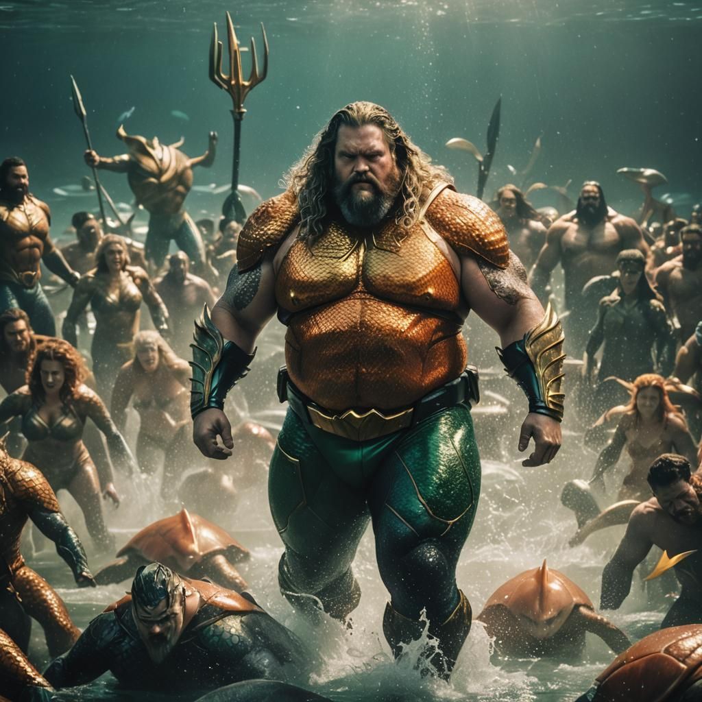 Overweight Aquaman Superhero in Cinematic Film Still