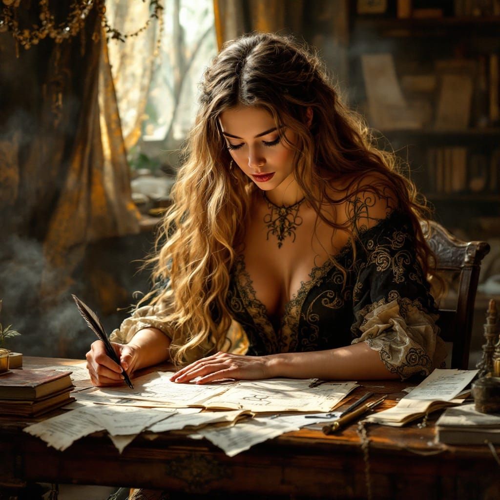 Mystical Scribe Studies Ancient Codes in Warm, Golden Light