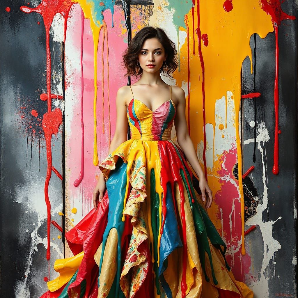 Woman in Dissolving Paint Dress Amidst Vibrant Oil and Acryl...