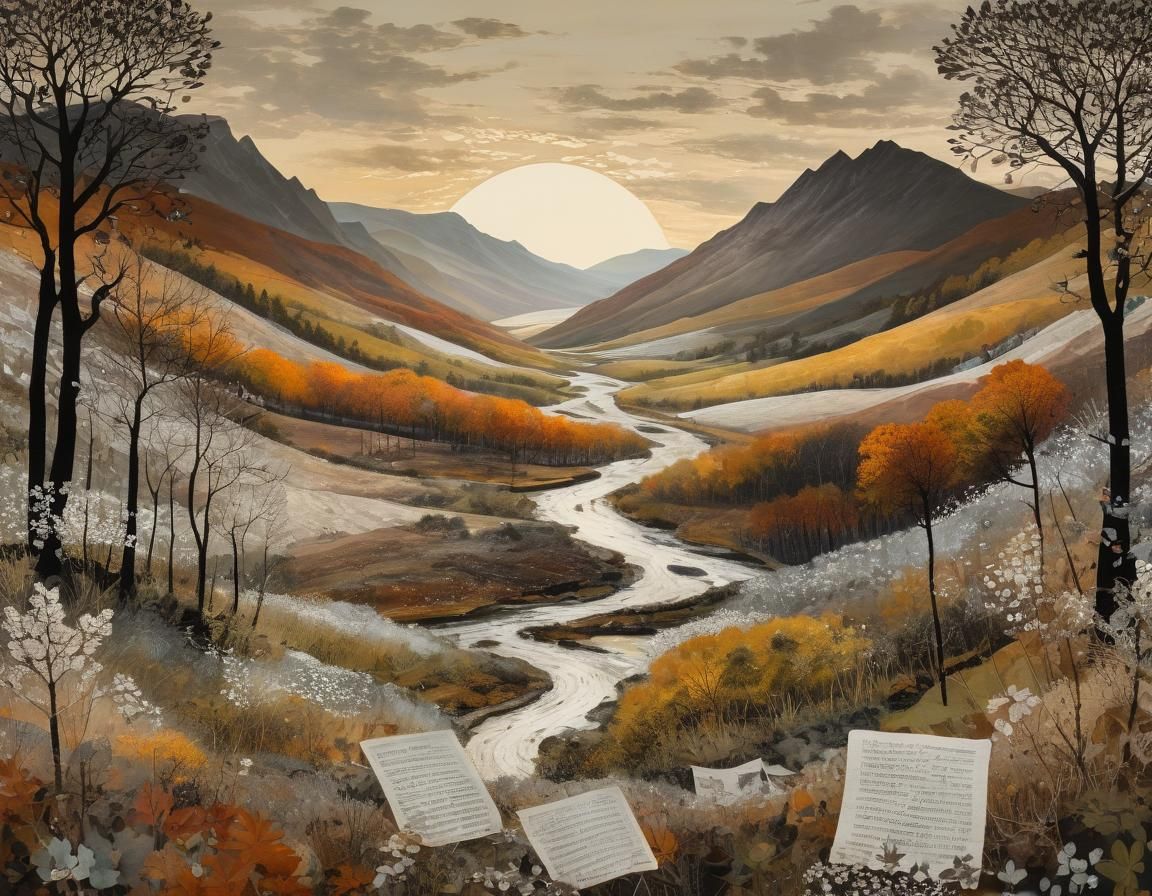 Autumn Landscape in Evening Light, Mixed Media Collage