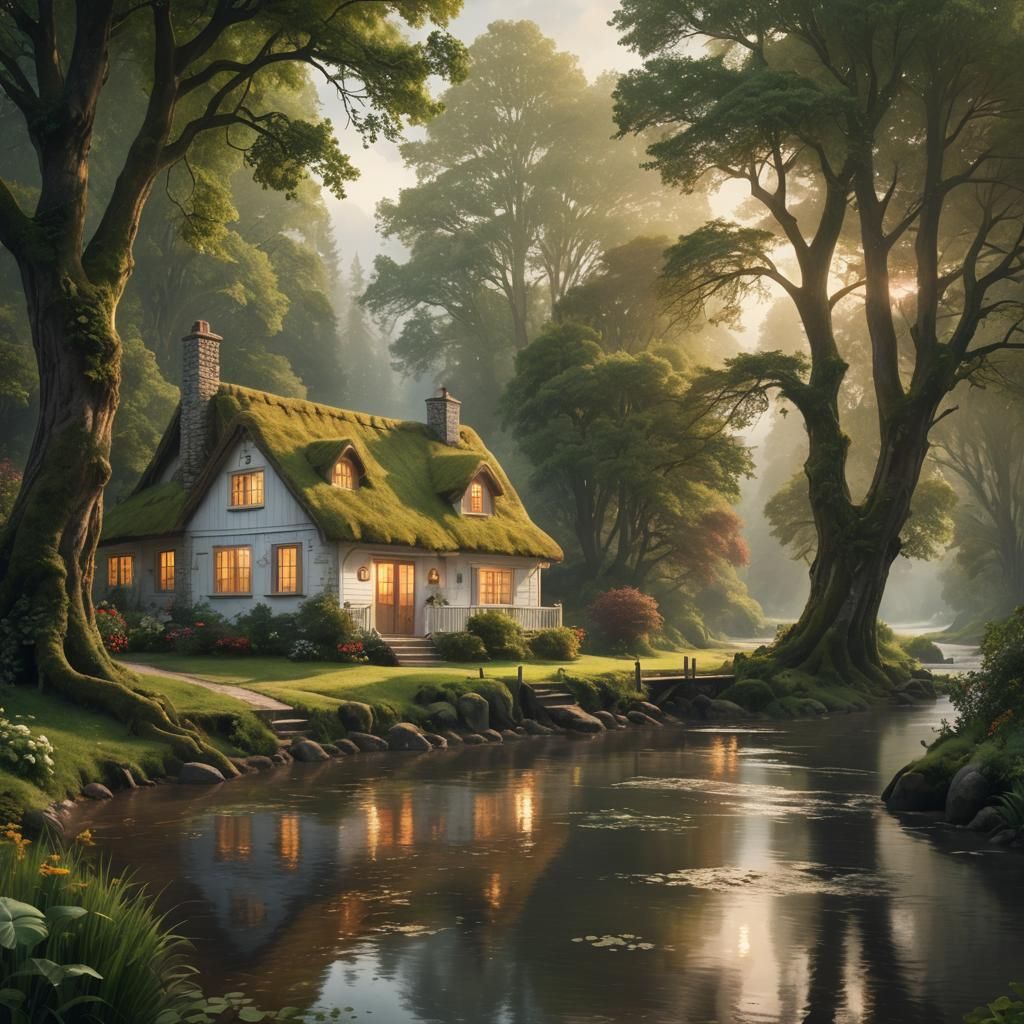 Picturesque Cottage by River: Digital Matte Painting