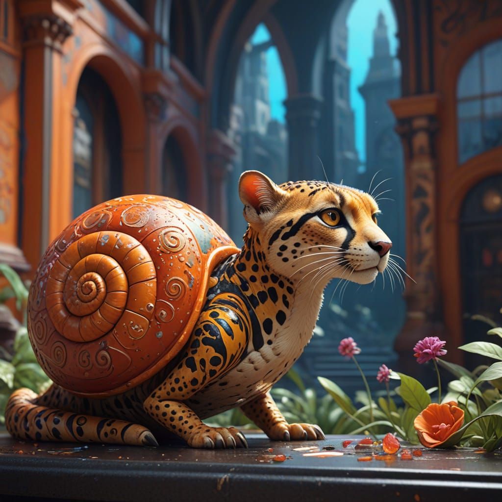 Majestic Cheetah-Snail Hybrid in Vibrant Art Nouveau Style