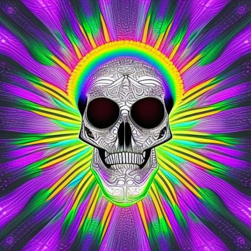 Pirate Skull in Rainbow Sunburst: Abstract Fractal Art