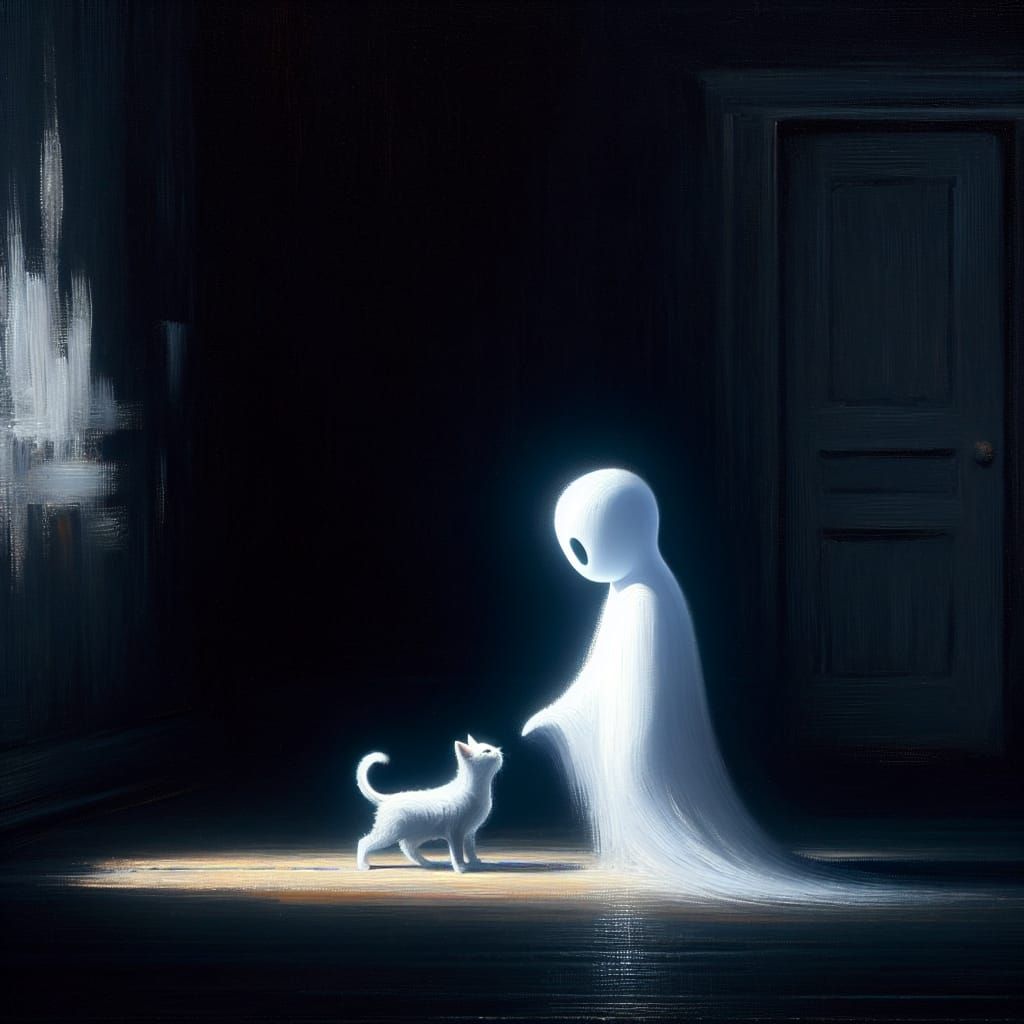 Melancholy Ghost Petting Cat in Dark Room
