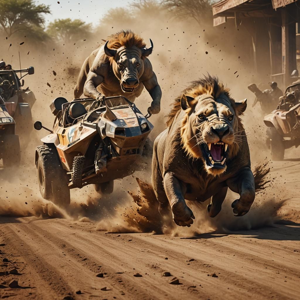 (A close shot of King Warthog chasing a lion in a race:20.0x...