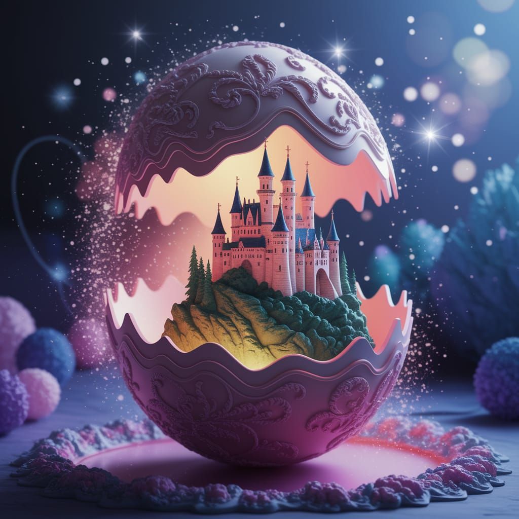 Whimsical Castle Egg Illuminates in Magical Digital Art