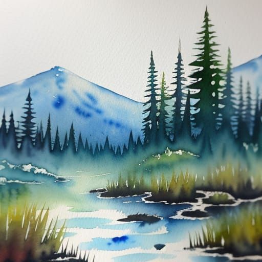 Wet Watercolor Painting of a Vibrant Wilderness