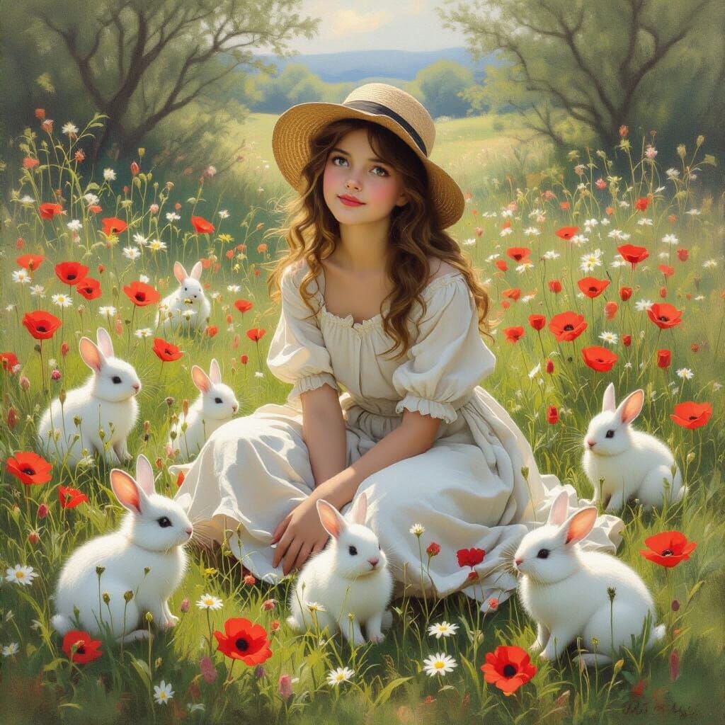 Poppies and Rabbits in a Lush Meadow