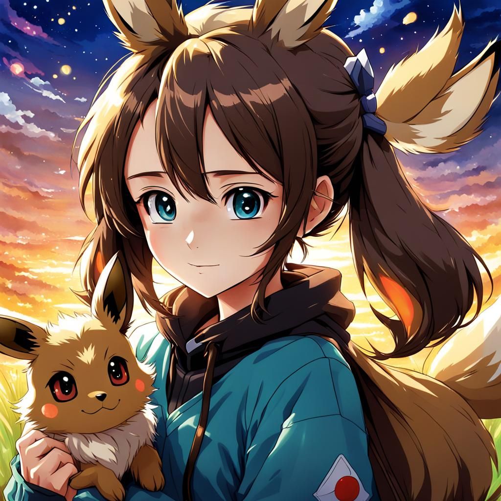 Girl with Eevee in Anime Key Visual Style