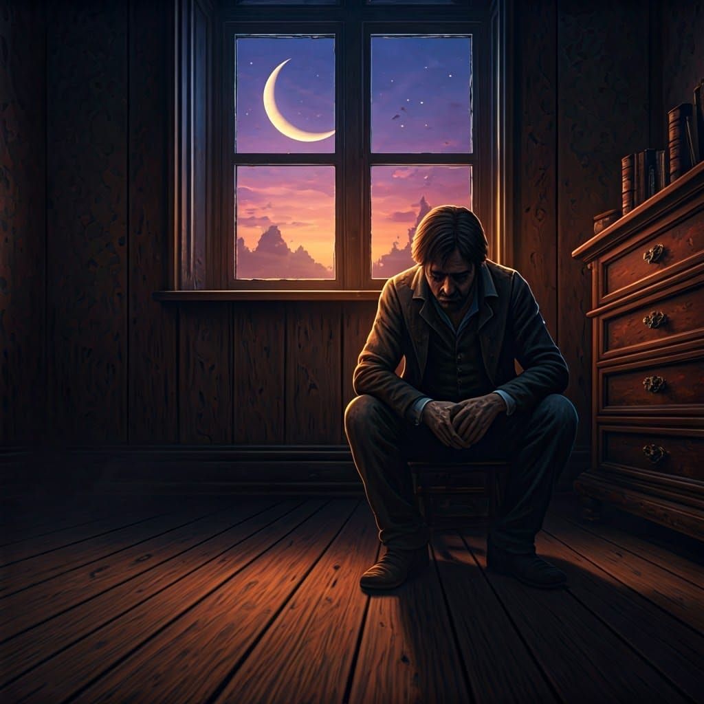Solitude: A Man in an Empty House at Twilight