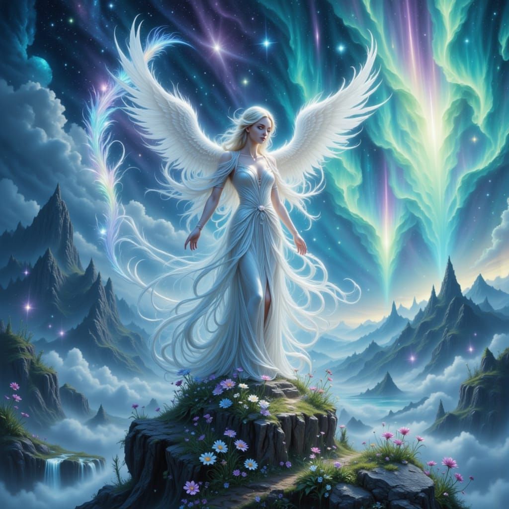 Angelic Figure Amidst Aurora Borealis