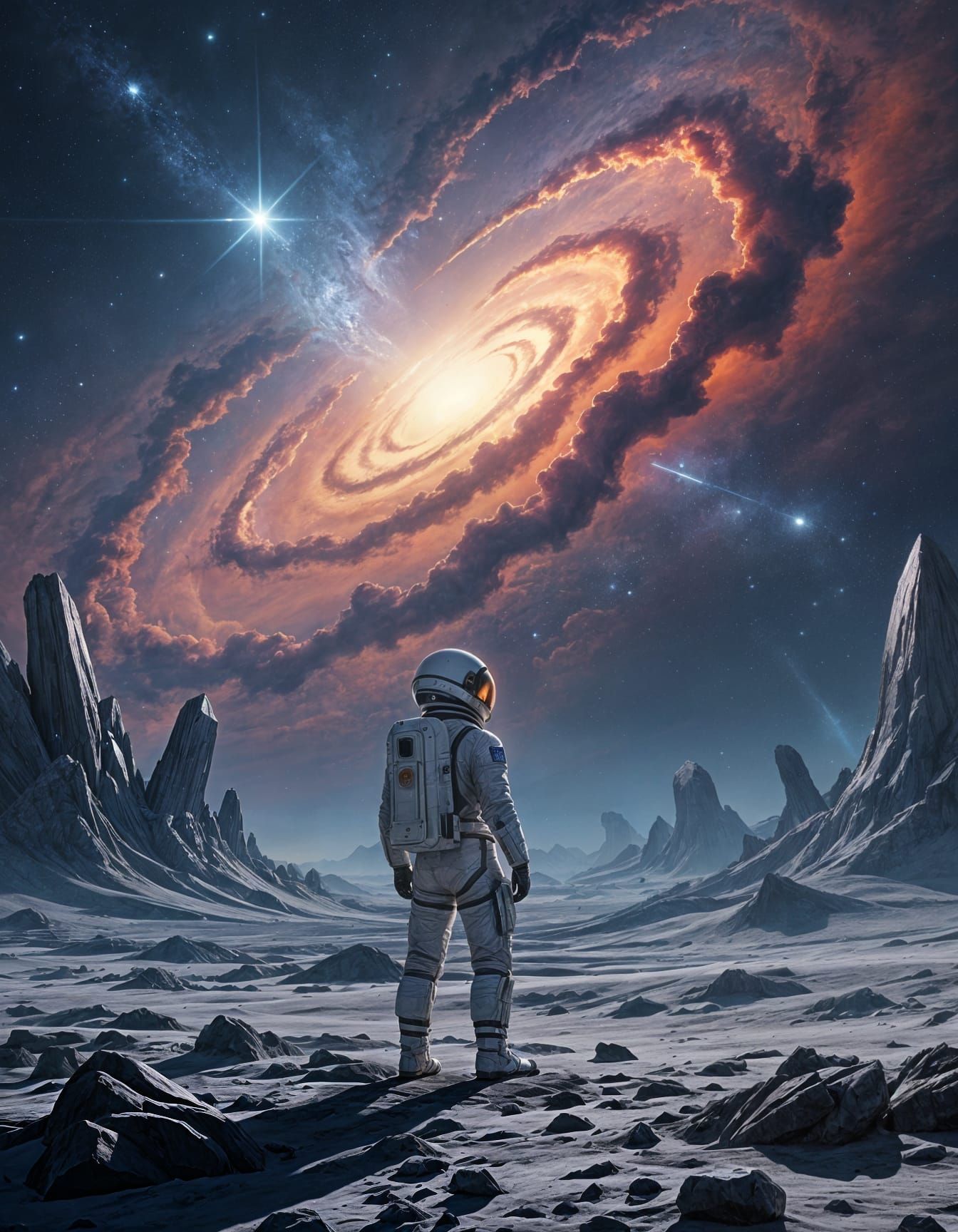 Astronaut Gazing at Nebula on Alien Planet