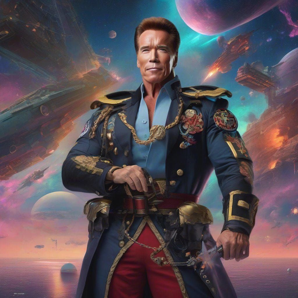Portrait of Arnold Schwarzenegger as Space Pirate Captain Harlock from disney movie "Pirates of the space". Intricate _d...