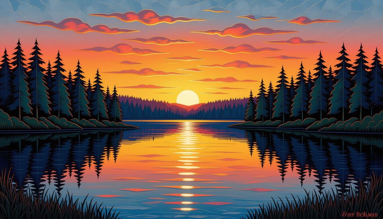 Serene Forest Lake Sunrise in Embossed Metal Relief