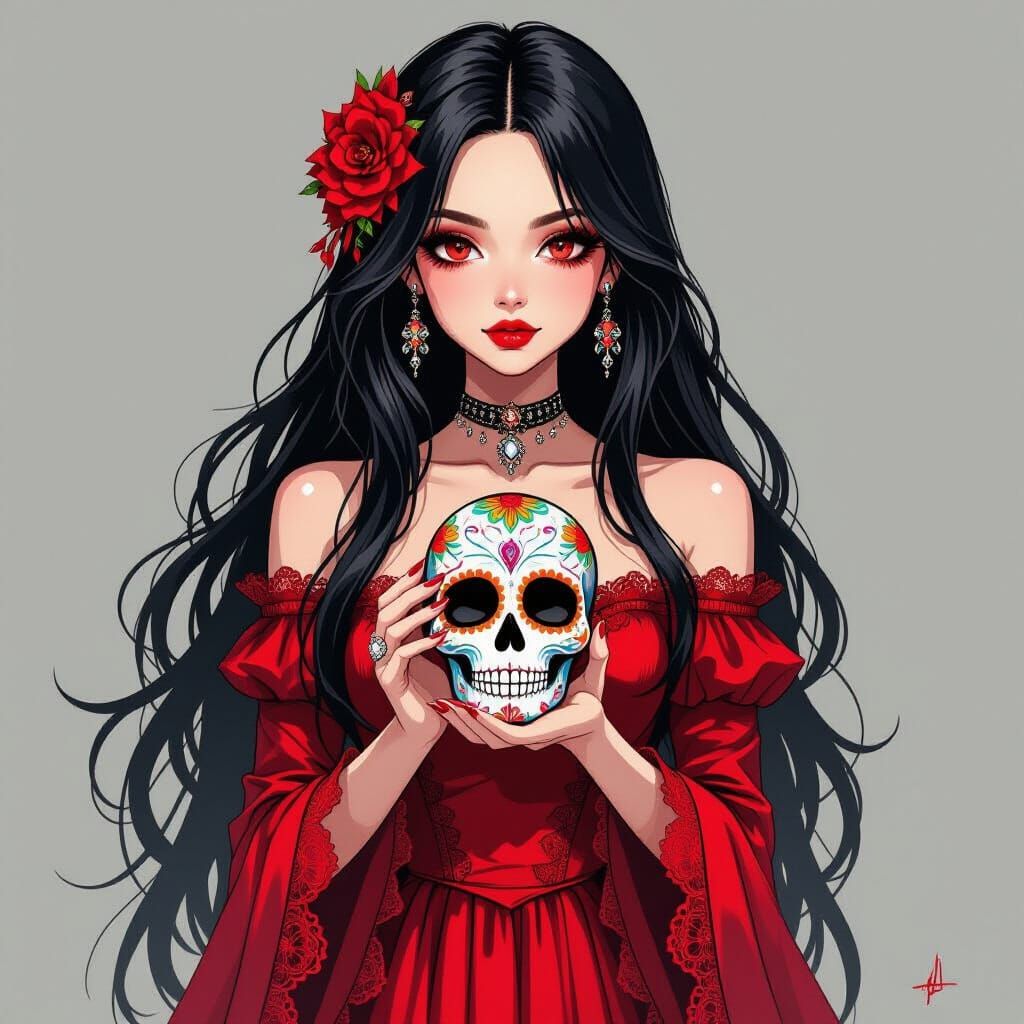 Sassy Goth Girl with Glitter Skull