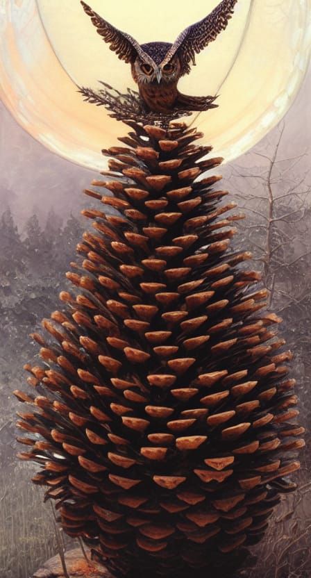 Owl on Pinecone in Detailed Comic Book Art Style