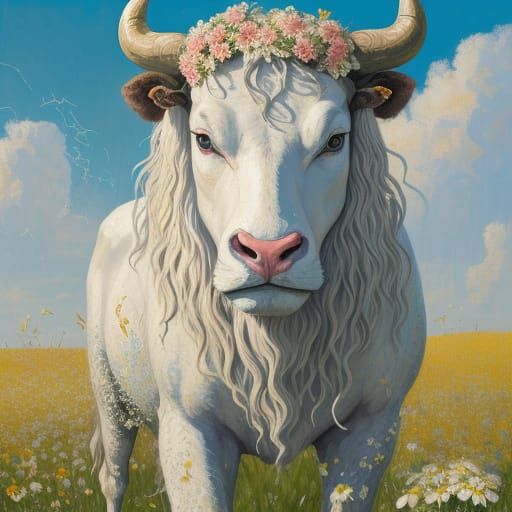 Bull of Spiderwebs in Sunlit Meadow, Neo-Primitivism Style