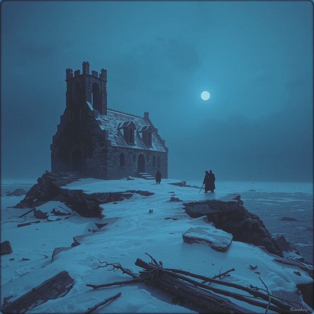 Eerie Abbey Ruins by a Frozen Sea