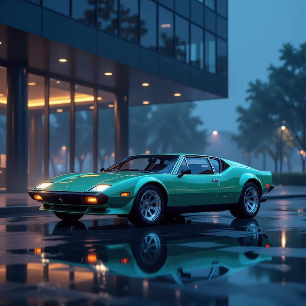 1972 Pearl Green De Tomaso Pantera at Night