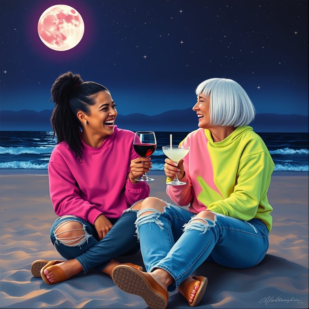 Women on Beach at Night in Photorealistic Acrylic Painting