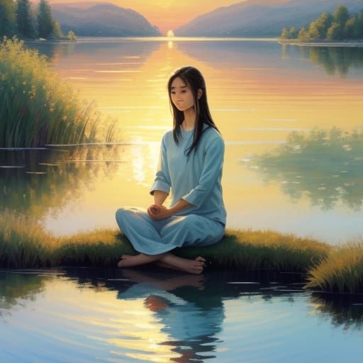 Woman Meditating by Serene Lake at Sunset