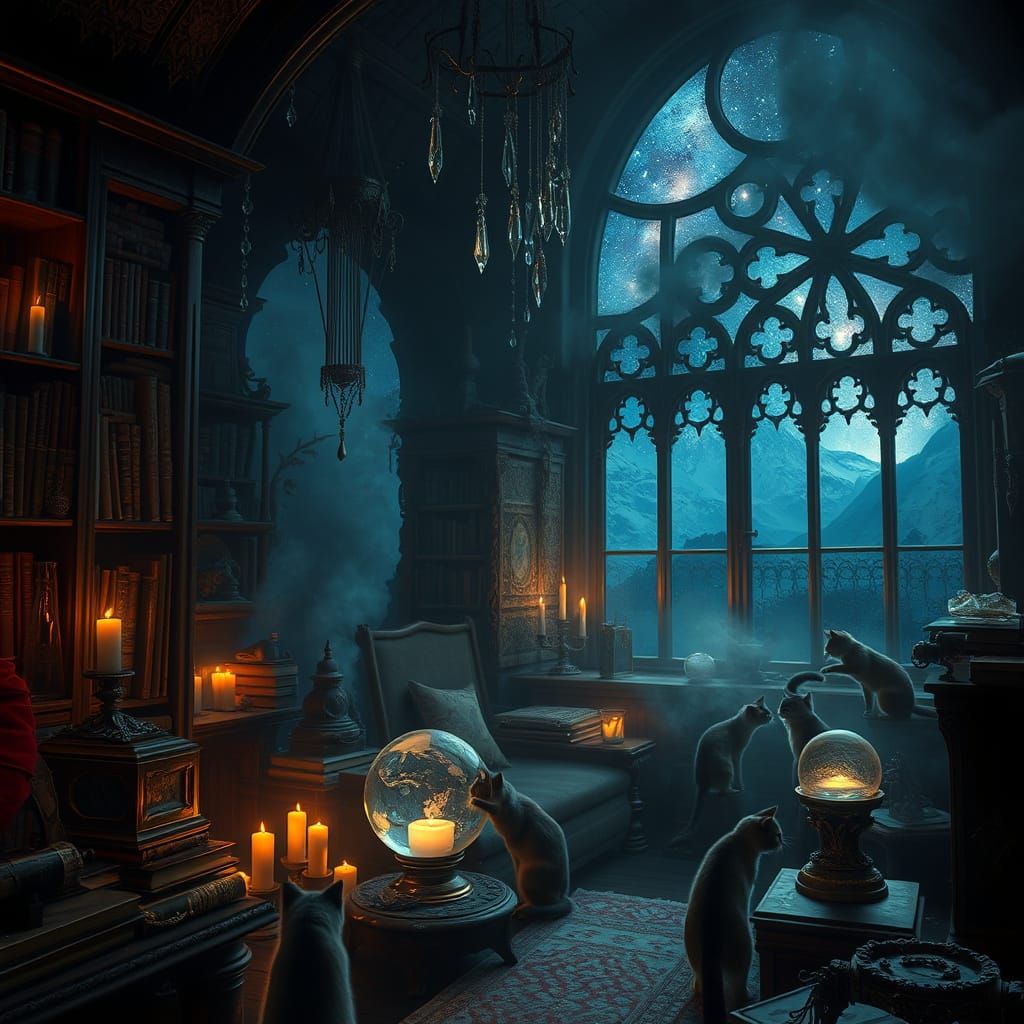 Mystical Potion Room with Cats in Gothic Style