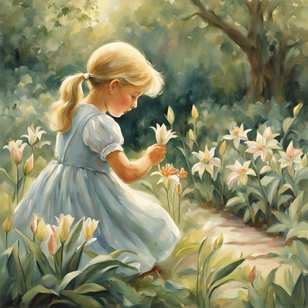 Child Picking Lily in Lush Garden, Children's Book Style