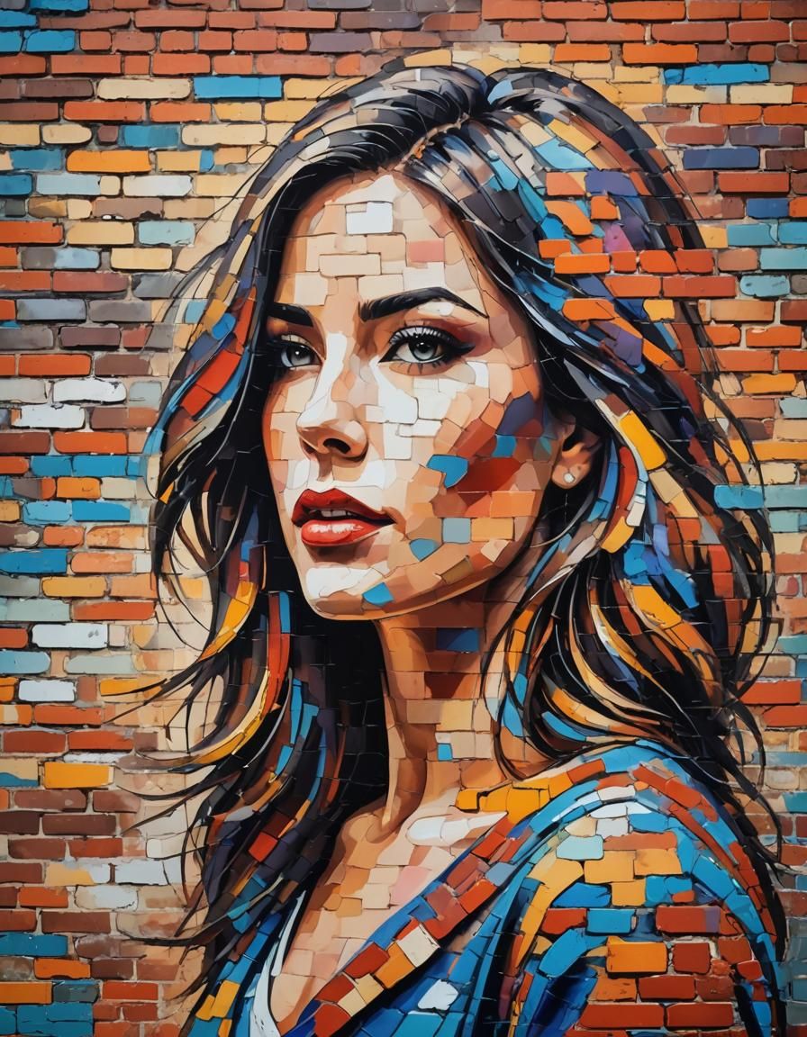 Abstract Portrait of Woman Before Colorful Brick Wall