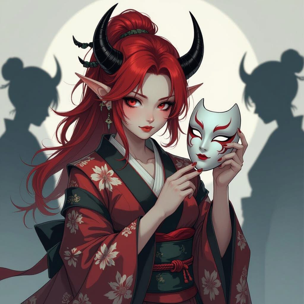 Tiefling Shadow Lady Receives Mask in Japanese Clothing